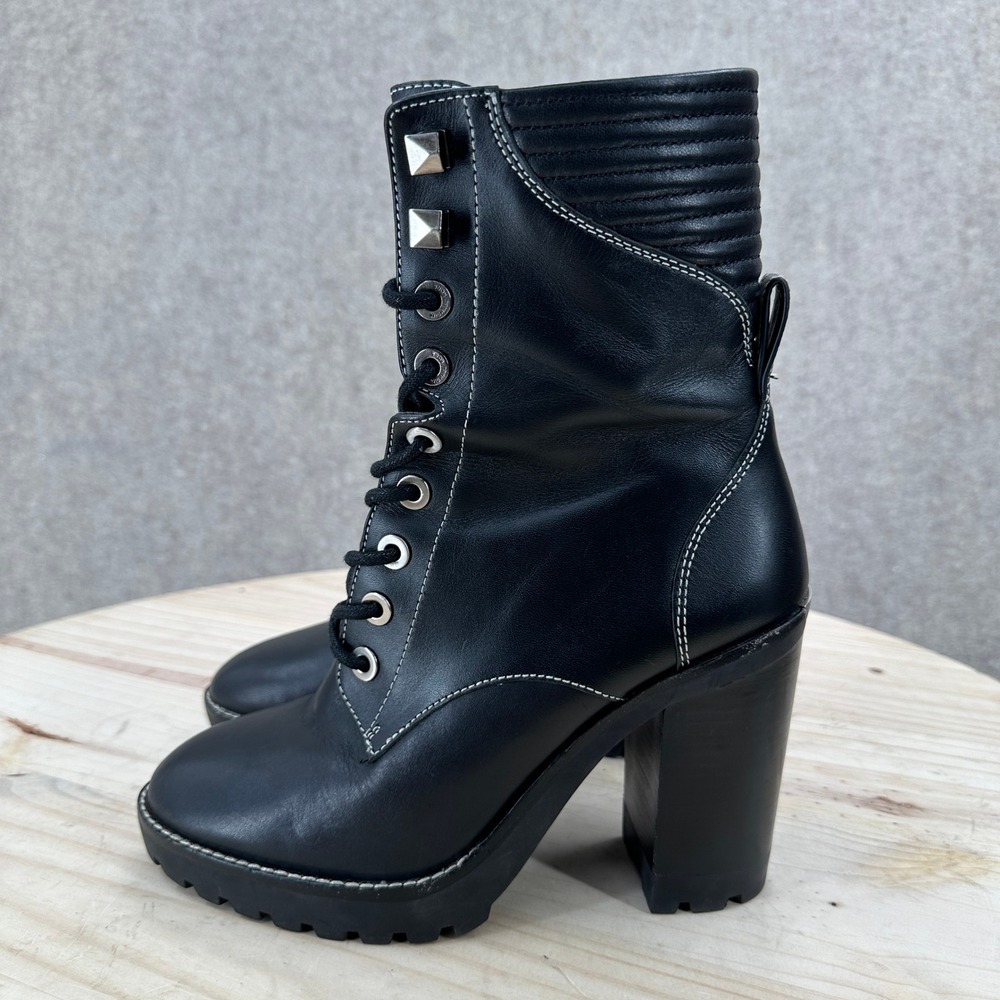 Michael Kors Bastisan Combat Boots 6.5 Black Leather Studded Lace Block Heel Lug - Picture 2 of 16